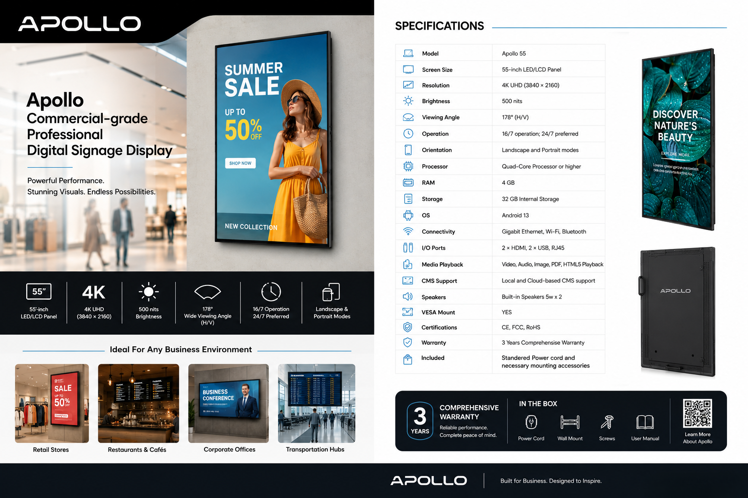 Apollo 55″ 4K UHD Commercial Digital Signage Display feature